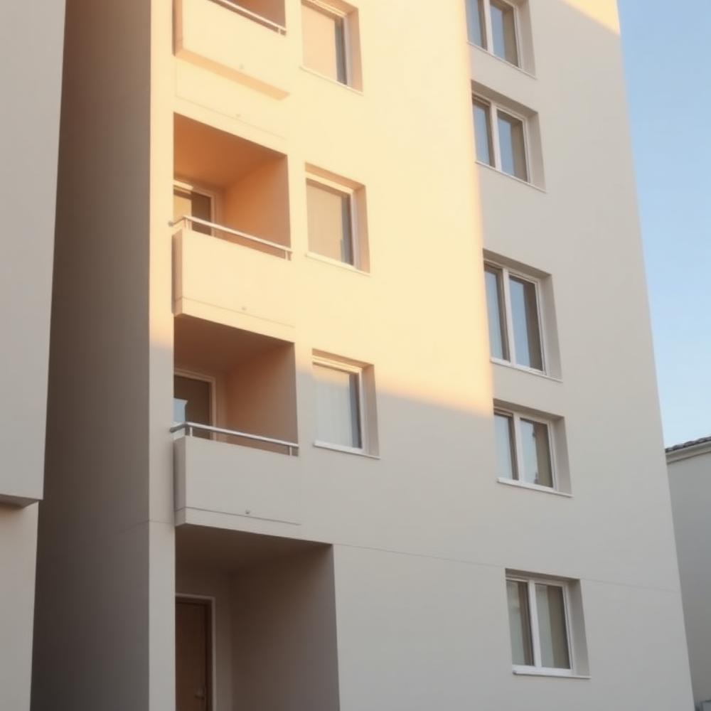 Fachada de edifício residencial claro sob luz natural