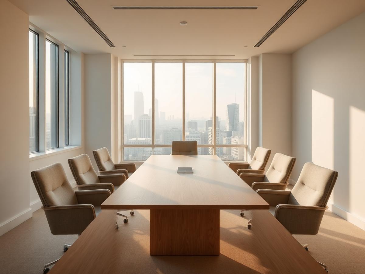 Sala de reunião clara com mesa de madeira e vista para a cidade